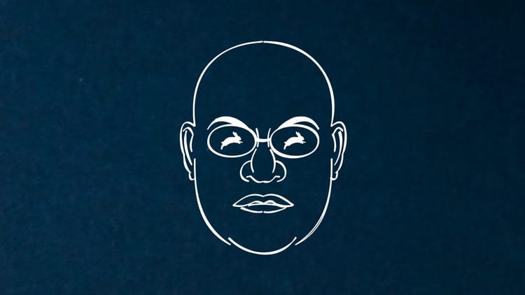 Drawing of Morpheus from 'The Matrix'. Reflected in his sunglasses is a white rabbit