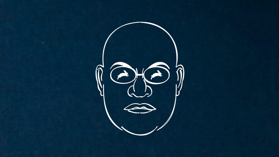 Drawing of Morpheus from 'The Matrix'. Reflected in his sunglasses is a white rabbit